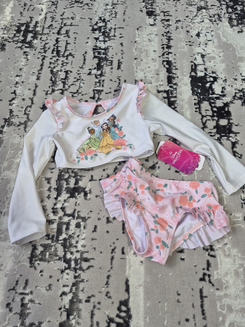 Disney Character Toddler Girl Long- Sleeve Rash Guard Swimsuit 2-Piece 2T New